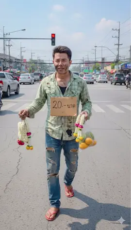 แจกข้อความ Gemini :สร้างภาพใบหน้าเสมือนจริง100% ความละเอียดสูง 8K เดินขายพวงมาลัยอยู่กลางสี่แยกไฟแดงที่มีรถผ่านมา สวมเสื้อยืดสีเขียวขาดรุ่ยกางเกงยีนส์ขายาวขาดรุ่ย  รองเท้าแตะสีแดง ใบหน้าและร่างกายเต็มไปด้วยคราบ เขม่าควันเลอะเทอะ ในมือถือพวงมาลัยหลายพวง มือข้างนึงยกพวงมาลัย ชูขึ้น มีป้ายห้อยคอเขียนว่า 20บาท ภาพนี้ดูเหมือนจริง รายละเอียดสูง แสงธรรมชาติ#gemini #ai #พ่อค้า #fypシ゚ #เทรนวันนี้มาแรง 