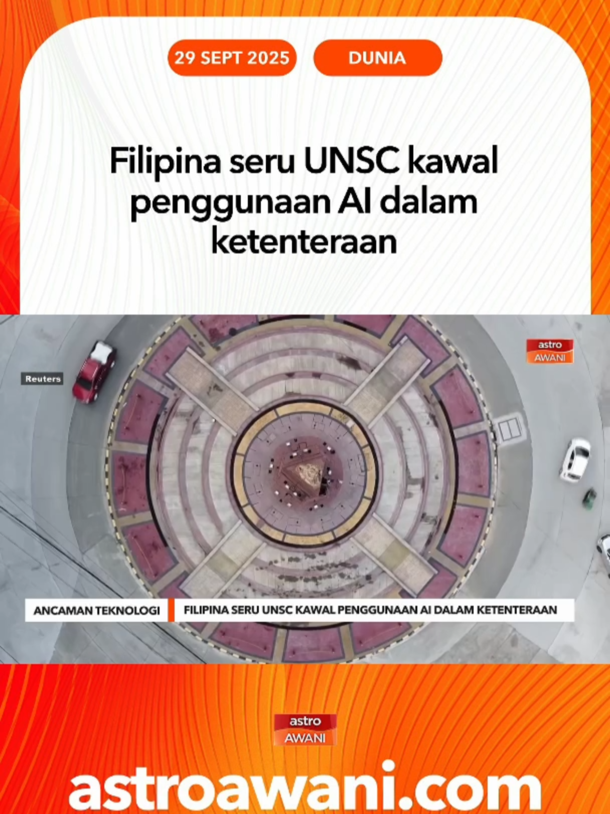 Filipina menyeru Majlis Keselamatan Pertubuhan Bangsa-Bangsa Bersatu (UNSC) mengambil langkah drastik dalam mengawal penggunaan kecerdasan buatan (AI) dalam bidang ketenteraan.   Setiausaha Hal Ehwal Luar Filipina, Ma. Theresa Lazaro mengeaskan, tanpa kawalan, pembangunan sistem senjata autonomi dan AI boleh mencetuskan ancaman keselamatan global. #AWANInews