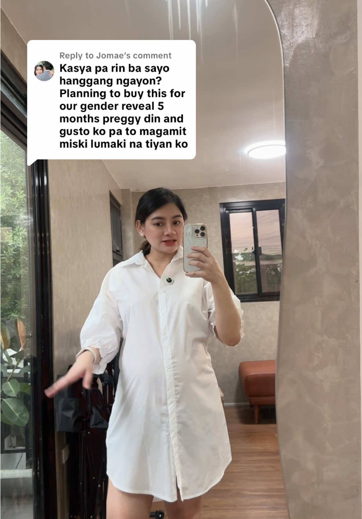 Replying to @Jomae 9 months baby bump pero kasyang kasya pa din tong dress from @ZANZEAOfficial 💕 #genderrevealoutfit #whitedress #whitepolodress #outfit #dress 