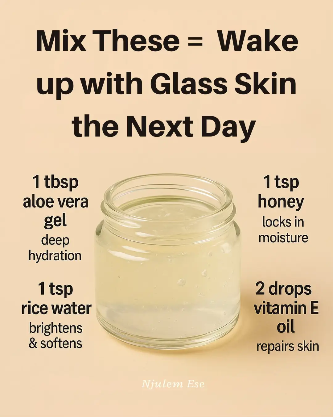 This DIY Sleeping Mask works while you sleep so you wake up with smooth, glowing, and deeply hydrated skin. 🌙💛 🥣 Ingredients: – 1 tbsp aloe vera gel 🌿 (deep hydration) – 1 tsp honey 🍯 (locks in moisture) – 1 tsp rice water 🍚 (brightens & softens) – 2 drops vitamin E oil ✨ (repairs & nourishes) How to use: 1️⃣ Mix into a smooth gel 2️⃣ Apply evenly before bed 3️⃣ Rinse in the morning for instant glow ✨ ✅ Use 2–3x a week for long-lasting glass skin results. overnight glass skin mask, DIY sleeping mask for glowing skin, aloe vera and rice water mask, honey for glass skin, vitamin E overnight mask #OvernightGlassSkin #SleepingMaskDIY #GlowingSkinNaturally #RiceWaterForSkin #DIYSkincare