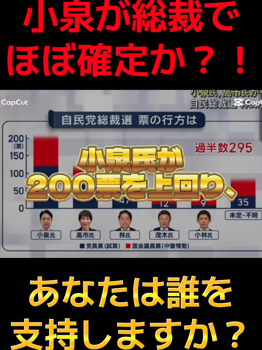 【速報】小泉総裁誕生か？！⚡️議員票と党員票あわせ200票超え！あなたは誰を支持する？#tiktokでニュース #速報 #政治 #自民党 #小泉進次郎 