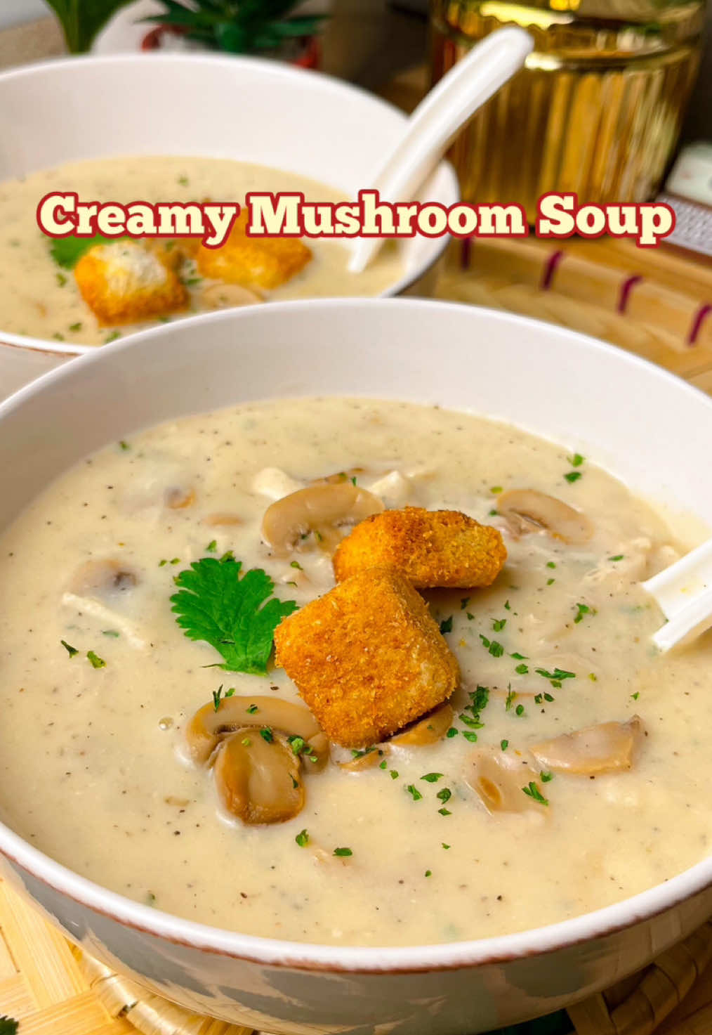 Creamy Mushroom Soup INGREDIENTS: 3 tbsp butter or Oil 2 garlic  200 gms mushrooms  3 tbsp all-purpose flour 1 tsp black pepper  1 tsp salt  Half  tsp oregano  2 tbsp soy sauce 3 cups water  2 cups milk 1 chicken cube 1 cup boiled shredded chicken  1/2 cup thick cream Cornflour slurry (half cup water+2 tbsp cornflour) #soup #soupseason #mushroom #Recipe #fypシ゚ 