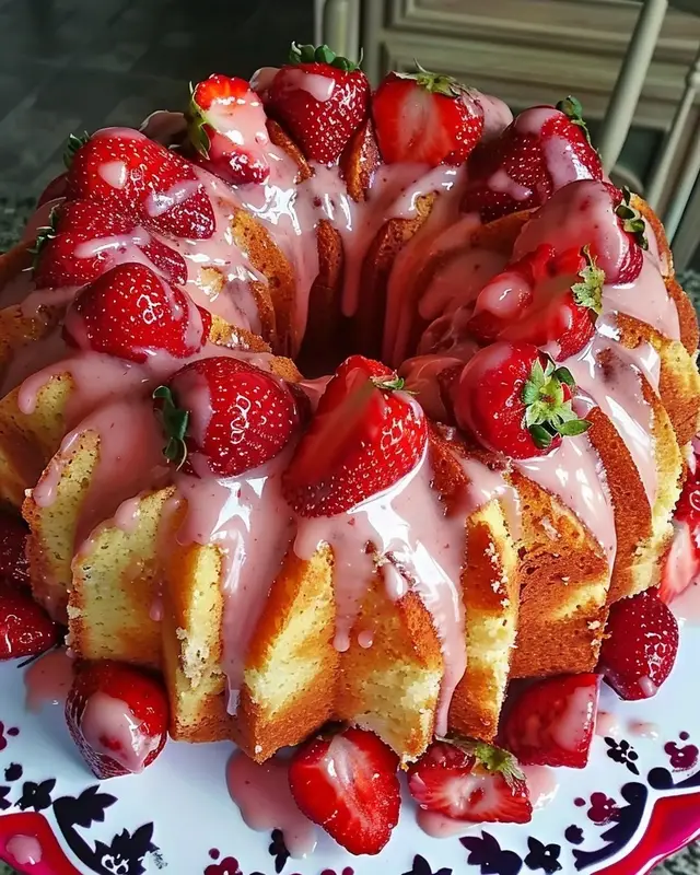 Strawberry Cream Cheese Pound Cake Ingredients: 1 cup (2 sticks) unsalted butter, softened 8 oz cream cheese, softened 2 cups granulated sugar 4 large eggs 1 teaspoon vanilla extract 2 ½ cups all-purpose flour 1 teaspoon baking powder ½ teaspoon salt ½ cup whole milk 1 cup finely chopped fresh strawberries (or thawed frozen strawberries, drained) Instructions: Preheat oven to 350°F (175°C). Grease and flour a 10-inch bundt pan or 9x5-inch loaf pan. Cream butter and cream cheese: In a large bowl, beat butter, cream cheese, and sugar until light and fluffy (about 3–4 minutes). Add eggs and vanilla: Beat in eggs one at a time, then add vanilla extract. Mix dry ingredients: In a separate bowl, whisk together flour, baking powder, and salt. Combine wet and dry: Gradually add dry ingredients to the butter mixture, alternating with milk, starting and ending with the flour mixture. Mix until just combined. Fold in strawberries: Gently fold in chopped strawberries. Bake: Pour batter into the prepared pan. Bake 60–70 minutes, or until a toothpick inserted in the center comes out clean. Cool in the pan for 10–15 minutes, then transfer to a wire rack. Pink Glaze Ingredients: 1 cup powdered sugar 2–3 tablespoons milk or cream ½ teaspoon vanilla extract 2–3 drops red or pink food coloring (adjust to desired pink hue) Instructions: In a small bowl, whisk together powdered sugar, milk, vanilla, and food coloring until smooth. Adjust consistency if needed by adding more sugar (thicker) or milk (thinner). Drizzle over the cooled cake. Optionally, garnish with finely chopped fresh strawberries or white chocolate shavings.