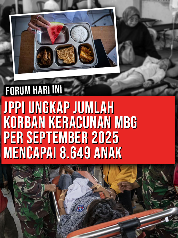 JPPI UNGKAP JUMLAH KORBAN KERACUNAN MBG PER SEPTEMBER 2025 MENCAPAI 8.649 ANAK Sebanyak 8.649 anak menjadi korban keracunan makanan program Makan Bergizi Gratis (MBG). Jaringan Pemantau Pendidikan Indonesia (JPPI) mencatat jumlah tersebut per 27 September 2025. Adapun jumlah korban kercaunan per minggunya pada bulan September ini selalu meningkat. Penambahan jumlah korban paling banyak terjadi pada 22-27 September, yaitu 2.197 anak. Baca lainnya di forumkeadilan.com #forumkeadilan #jppi #makanbergizigratis #mbg #keracunanmbg #korbankeracunan #pendidikanindonesia #anakindonesia #sekolahindonesia #politikindonesia #beritaindonesia