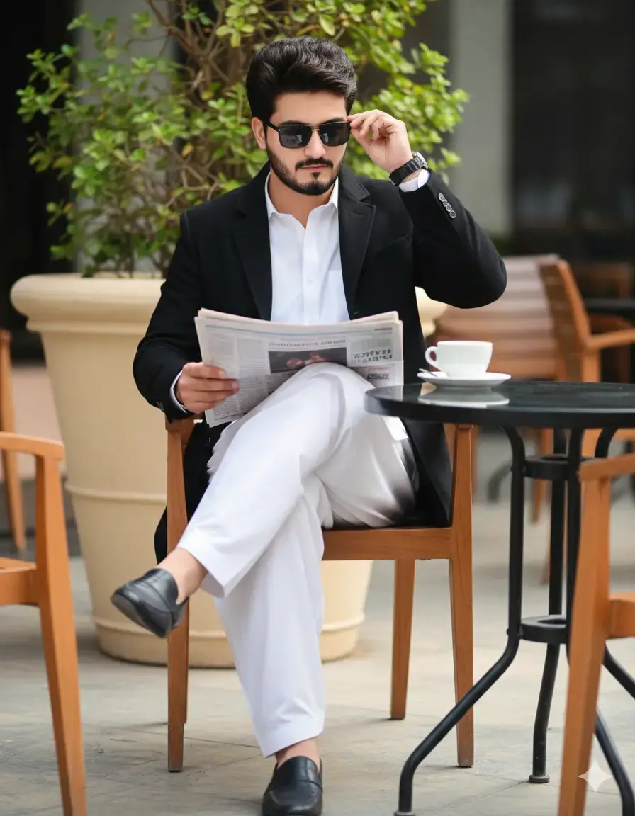 Ultra-realistic 8K cinematie lifestyle portrait of a stylish young man in a perfectly tailored vibrant red suit paired with a crisp black shirt. His facial features and hairstyle exactly match the uploaded reference image, perfectly styled and set. He sits at a small outdoor café table, legs casually crossed. His left hand Molds an open newspaper slightlylowered, while his right hand adjust his sleek sunglasses in a charismatic motion. He has a well-groomed beard and polished dark loafers without socks. 0n the glossy black round xable rests a pristine white coffee cup with saucer. Behind him, warm wooden chairs and a all light-colored planter with lush greenery complete the elegant backdrop. Bright natural daylight enhances the refined, cinematic, magazine-cover feel take face from uploaded image 100% identica  #trending #gimimi #viral #typ #foryou 