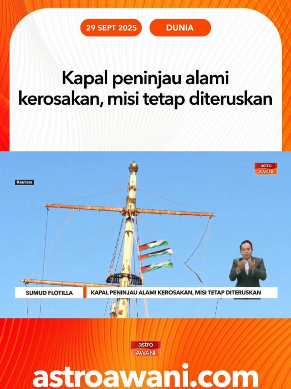 Flotilla ketika ini berada 366 batu nautika dari pesisir pantai Gaza dan dijangka memasuki zon kuning pada jam 9.18 malam ini. #AWANInews
