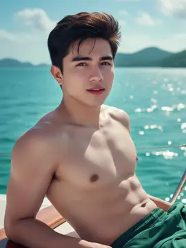 GEMINI AI PROMPT ✨➡️Hyper-realistic portrait of me lounging on a yacht at the beach, topless and wearing a dark green short. My hair is short forwaressy top. He is leaning slightly back against the edge of the boat, gazing at the camera with a relaxed, alluring expression. Background: turquoise ocean water with gentle ripples, distant green hills, and a partly cloudy blue sky. Lighting is bright natural sunlight, casting soft highlights and reflections on the water.  #GeminiAI #fypシ #creatorsearchinsights #fyppppppppppppppppppppppp #fypシ゚viral 