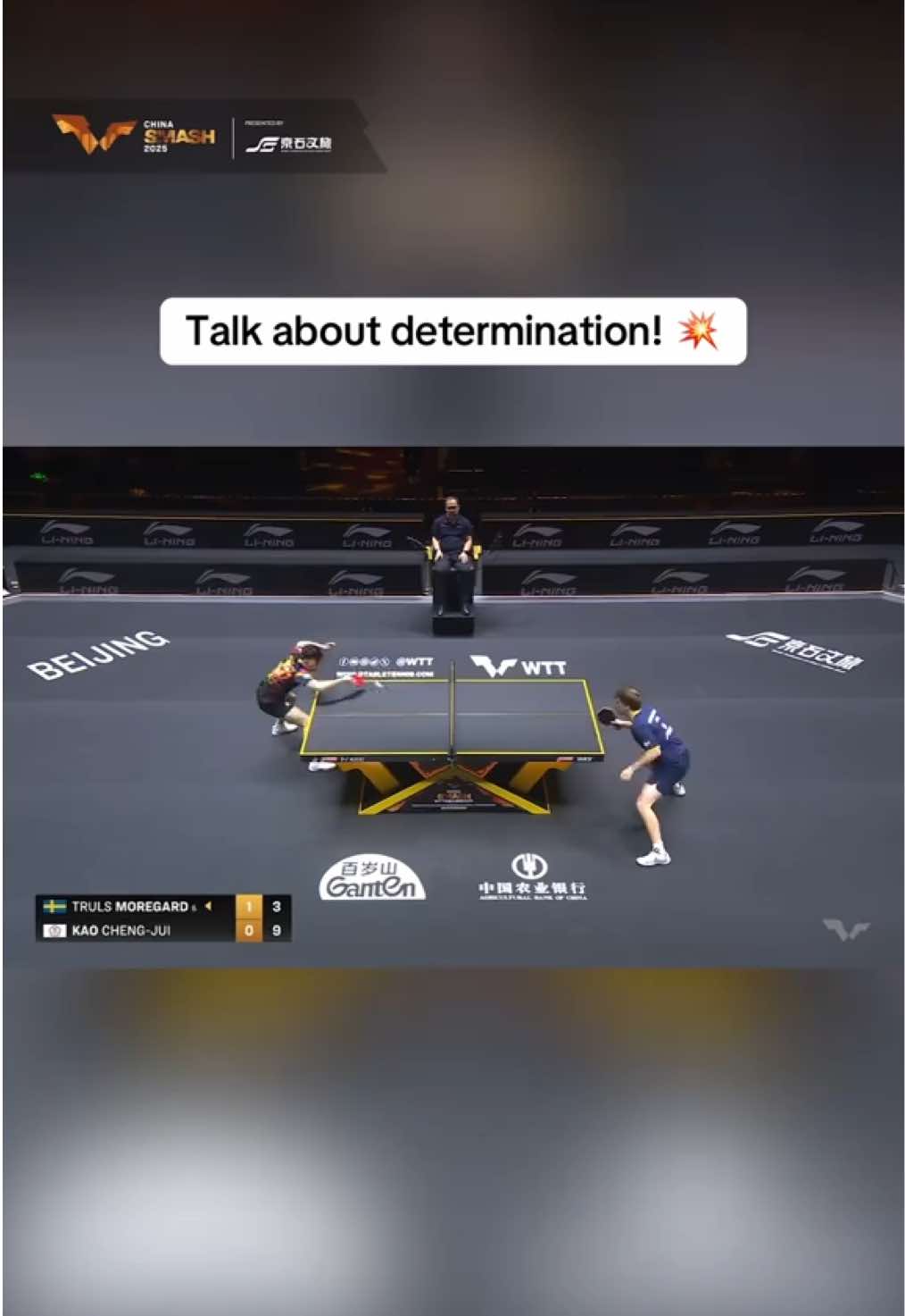 Around and over the net 🥅 Kao Cheng-Jui went above and beyond to secure that point, showing incredible fight, but ultimately fell short in a hard-fought 3-1 battle against Truls Moregard 🌟 #ChinaSmash #TableTennis