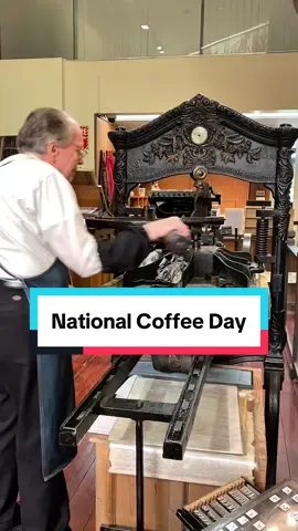 September 29th is National Coffee Day! While one might think we would have a cut of a coffee company logo or a woodcut of a cup of coffee, we are actually at a loss! Nevertheless, Howard turned to setting some type to share his sentiment instead.  For today, Howard letterpress printed “I ❤️ COFFEE!” in 36 point Stymie Bold font. The heart piece of type is a card indicator for the suit of hearts from a case of typographic accessories. This was printed with green rubber base ink using our Washington hand press.  #SacHistoryMuseum #coffee #museum  #typography #sacramento          