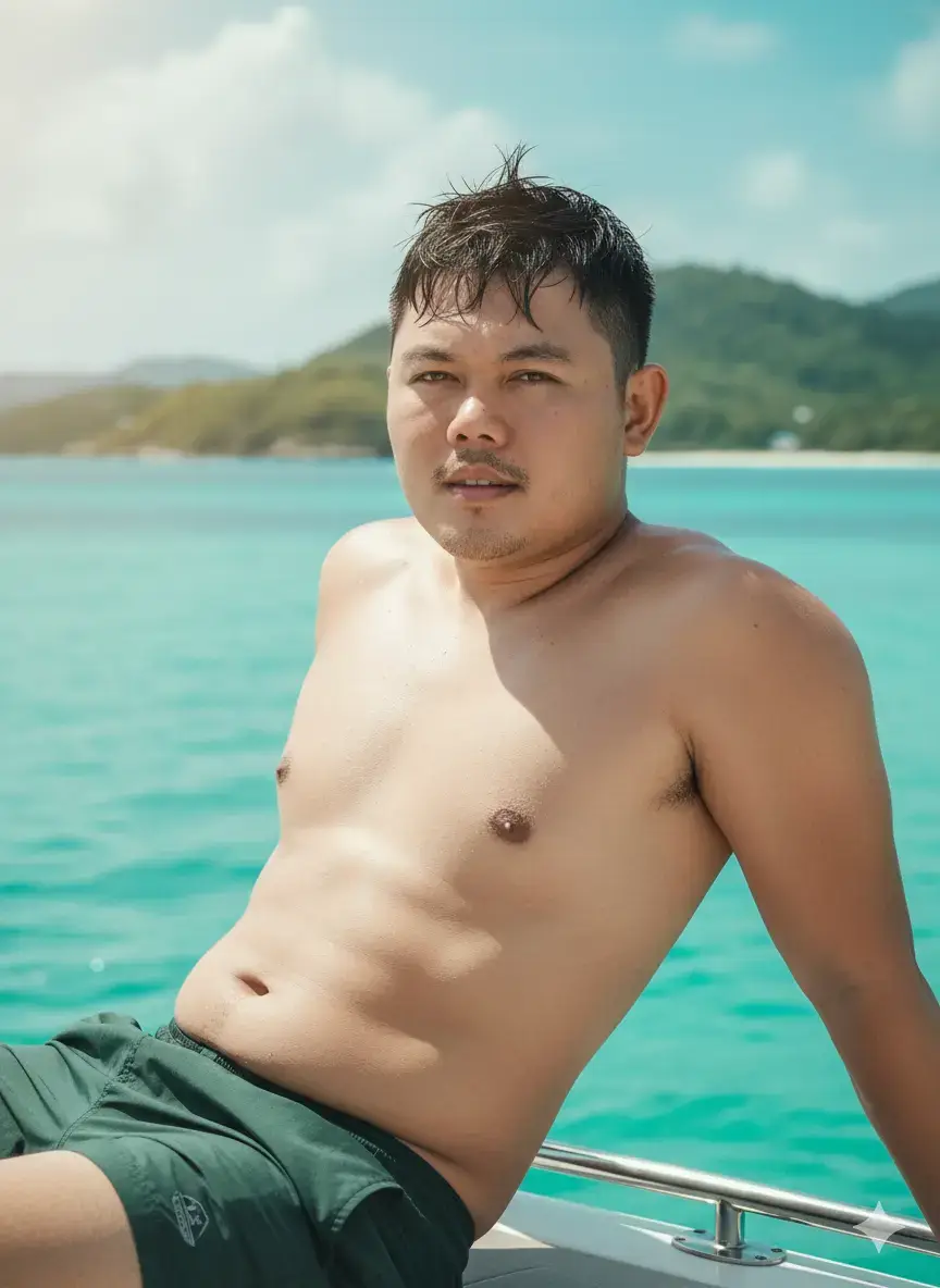 Hyper-realistic portrait of me lounging on a yacht at the beach, topless and wearing a dark green short. My hair is short forward fringe and messy top. He is leaning slightly back against the edge of the boat, gazing at the camera with a relaxed, alluring expression. Background: turquoise ocean water with gentle ripples, distant green hills, and a partly cloudy blue sky. Lighting is bright natural sunlight, casting soft highlights and reflections on the water. Apply cinematic soft filter with pastel aqua and teal tones, slightly desaturated blues and greens, smooth skin glow, and dreamy summer haze. Color grading: warm sunlight highlights with cool aqua shadows, giving a soft, vibrant, cinematic beach aesthetic. Styled like a beach trend photo, 8k high-resolution, sharp details, dreamy summer vibe.” #fyp #ai #gemini 