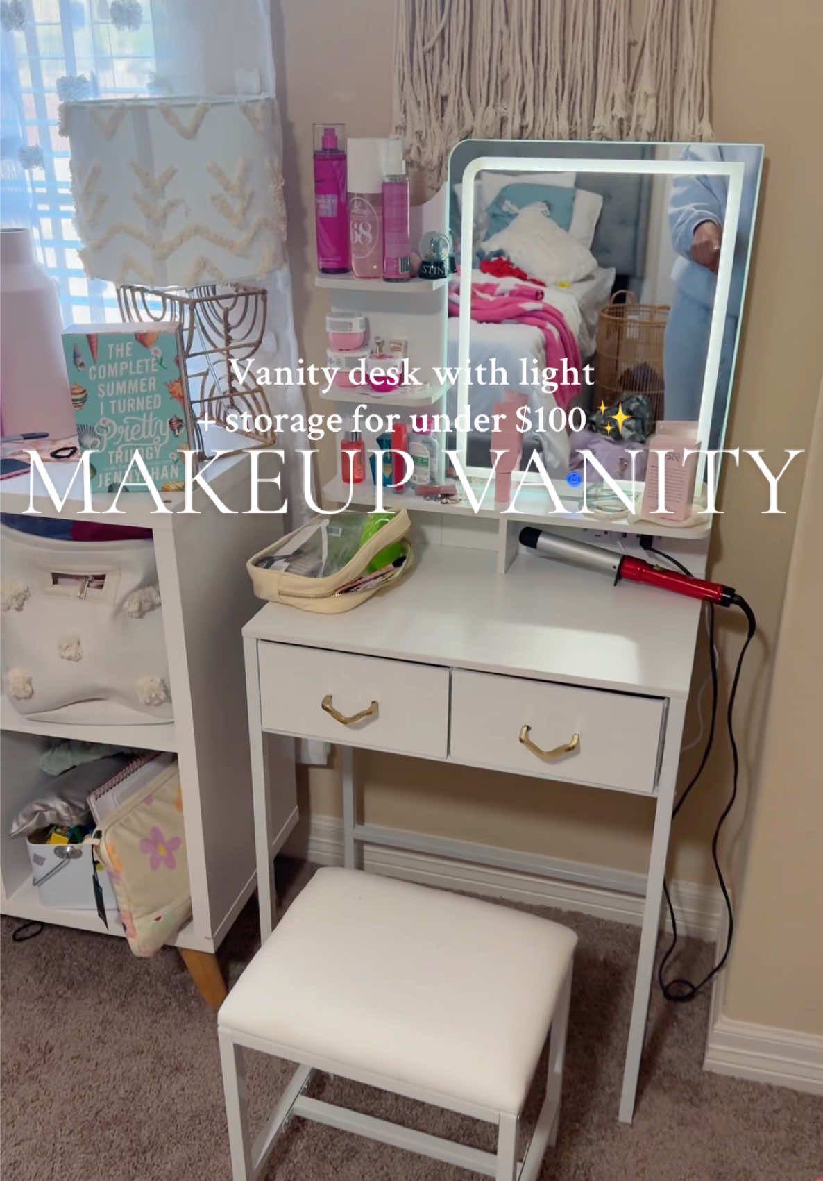 ✨ This vanity desk is EVERYTHING for small spaces! Comes with storage, a light-up mirror, AND the chair — all under $100 right now 😍 #vanitydesk #vanitysetup #makeupvanity #vanitymirror #giftideas 