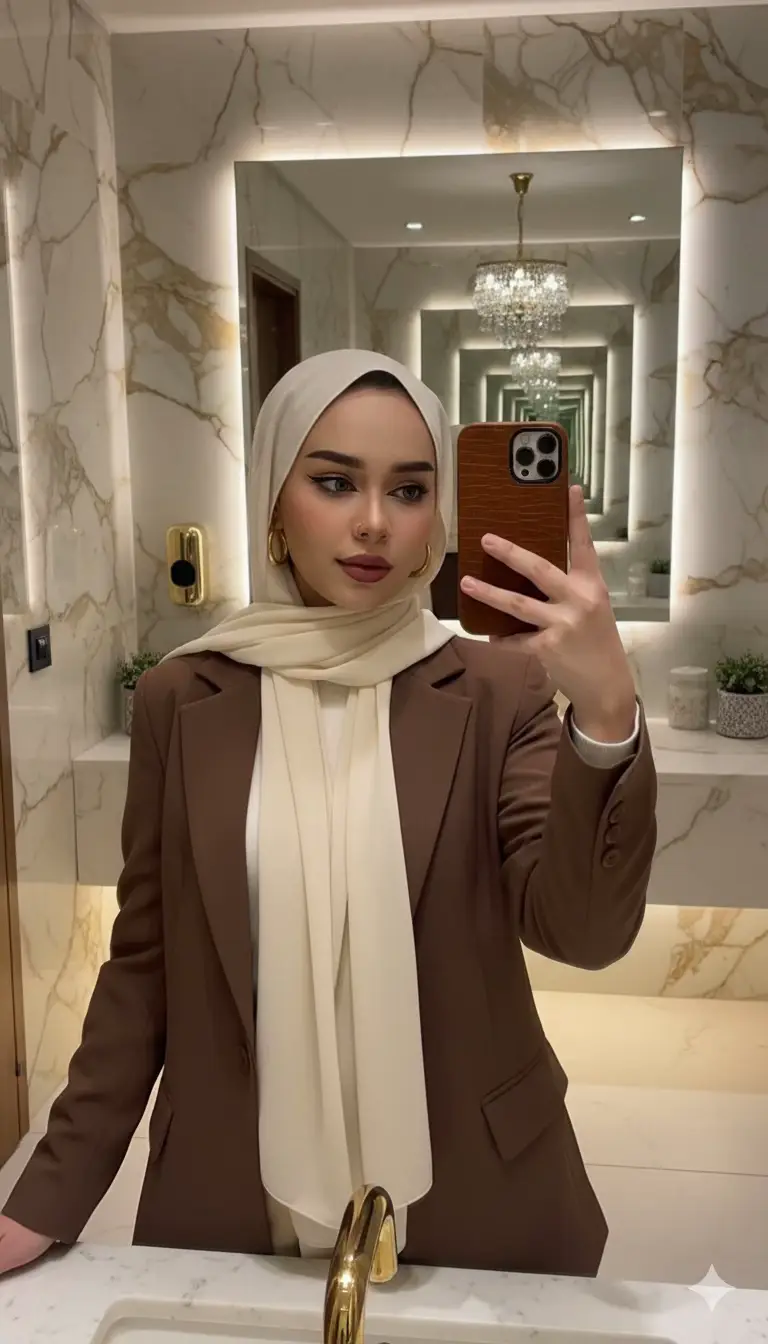 Edit gambar ini menjadi foto selfie menggunakan iphone 15 pro sarung casing warna brown sedang berkaca di toilet yang sangat mewah dan estetik. gaya edgy, ia menggunakan blazer brown, menggunakan hijab pashmina krem, inner putih tulang, menggunakan anting hoop sedang, heels cream, warna lipstick ombre aga gelap. ,jangan ubah wajah asal#viralvideo #aigemini #trending #googlegemini #fypage 