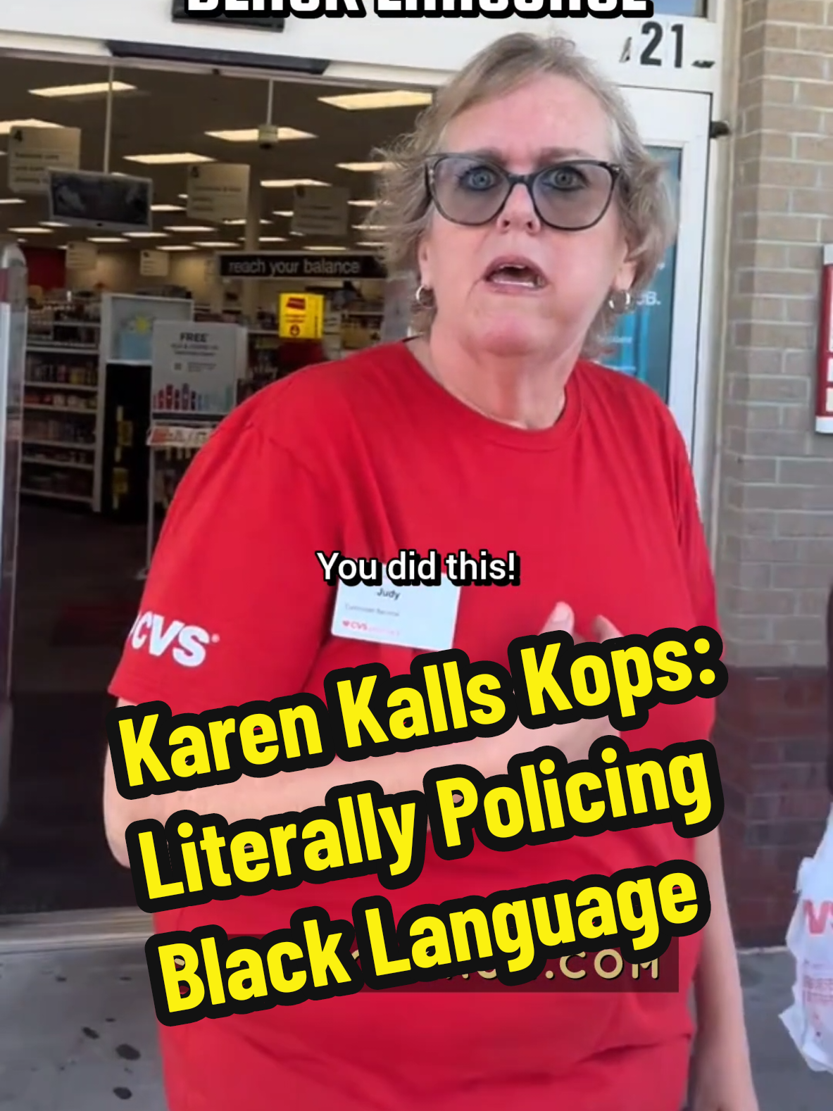 Karen Kalls Kops: Literally Policing Black Language #education #aae #slang #linguistics #weoutchea @big neek not the little ones  @CVS Pharmacy - Eyewitness account according to @Kayla Nyasia  ✨ - @Kayla Nyasia  ✨:TIME TO FIGHT BACK... here what happened. The young man name is Kevin. Kevin has just gotten to the CVS on Ashley phosphate rd to purchase a drink. Upon arriving Judy came up him and told him 