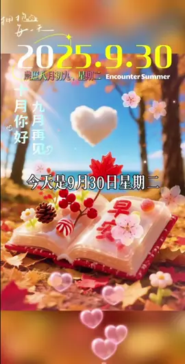 今天是9月30日星期二，也是九月的最后一天，早安，九月再见十月你好，愿你忘记九月的烦恼，迎接十月的美好，希望这个金秋十月，我们都会越来越好，愿你生活不拥挤，笑容不刻意，愿崭新的十月，十全十美，百事可乐！ #早安 #九月再见十月你好 #暖心 #情感语录 #分享 祝福