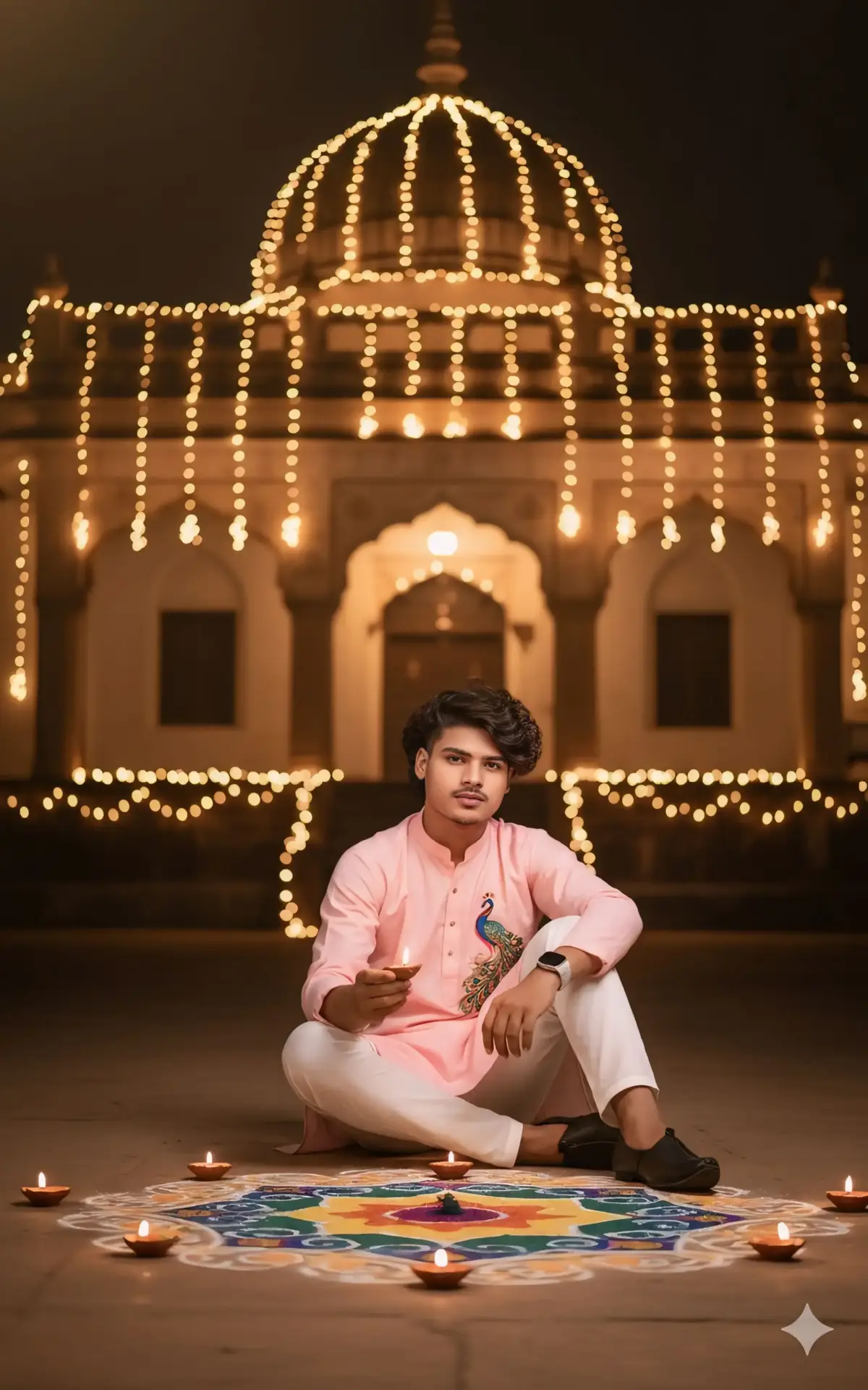Prompt ⬇️  “HD 4K 50mm lens photo, slim boy in baby pink kurta with peacock design and white pajama, black stylish mojdi shoes, sitting in diya-lighting pose holding a burning candle, background old dome-style house decorated with Diwali lights, soft brown night lighting, colorful rangoli with multicolor diyas in front, festive atmosphere, face 100% same.#trending #tiktokviral #trendingtiktok #uoyruof #viral 