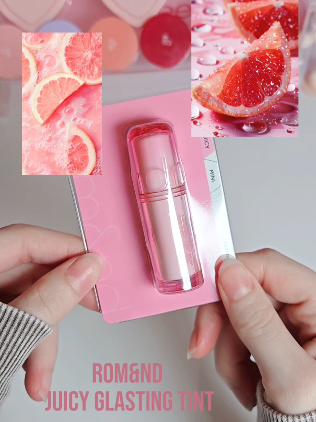 cutest @Rom&nd US mini juicy glasting tint on shade 03 pink grapefruit #viral #makeup #romand #kbeauty #pinklipgloss 