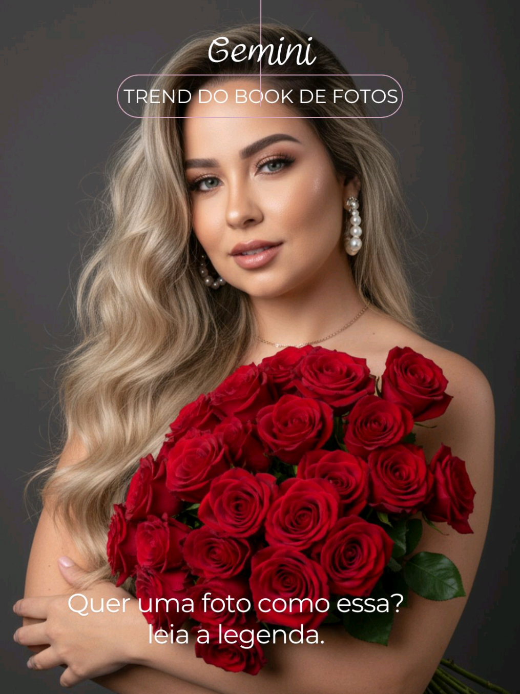 Ai Você pode criar um retrato da minha foto com maquiagem suave e brilhante e um sorriso confiante e sereno. Ela segura um grande buquê de rosas vermelhas vibrantes sobre o ombro, dando a impressão de que as flores são ela. Ela tem ondas suaves em seu cabelo escuro, que é solto para os lados, e usa brincos de pérolas brilhantes e um delicado colar de ouro. O fundo é cinza escuro e suave, e a iluminação geral é suave e uniforme, criando um visual limpo, profissional e elegante. Ela usa jeans de cintura alta e seus braços são cruzados suavemente para segurar as rosas. . . . #ia #googlegemini #sessaodefotos #gemini #sessaodefotos 
