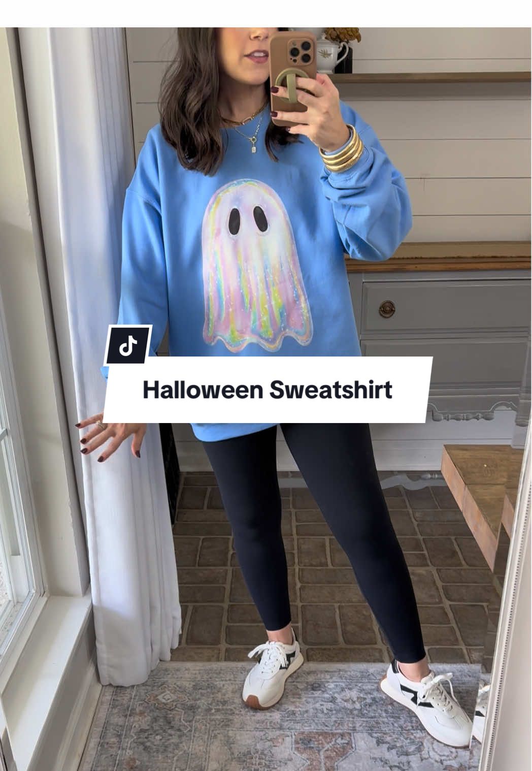 Perfect Halloween ghost sweatshirt. For the oversized look size up one size comes in lots of different colors #HalloweenSweatshirt #GhostSweatshirt #HalloweenOutfit #TiktokShopFallDealsForYou