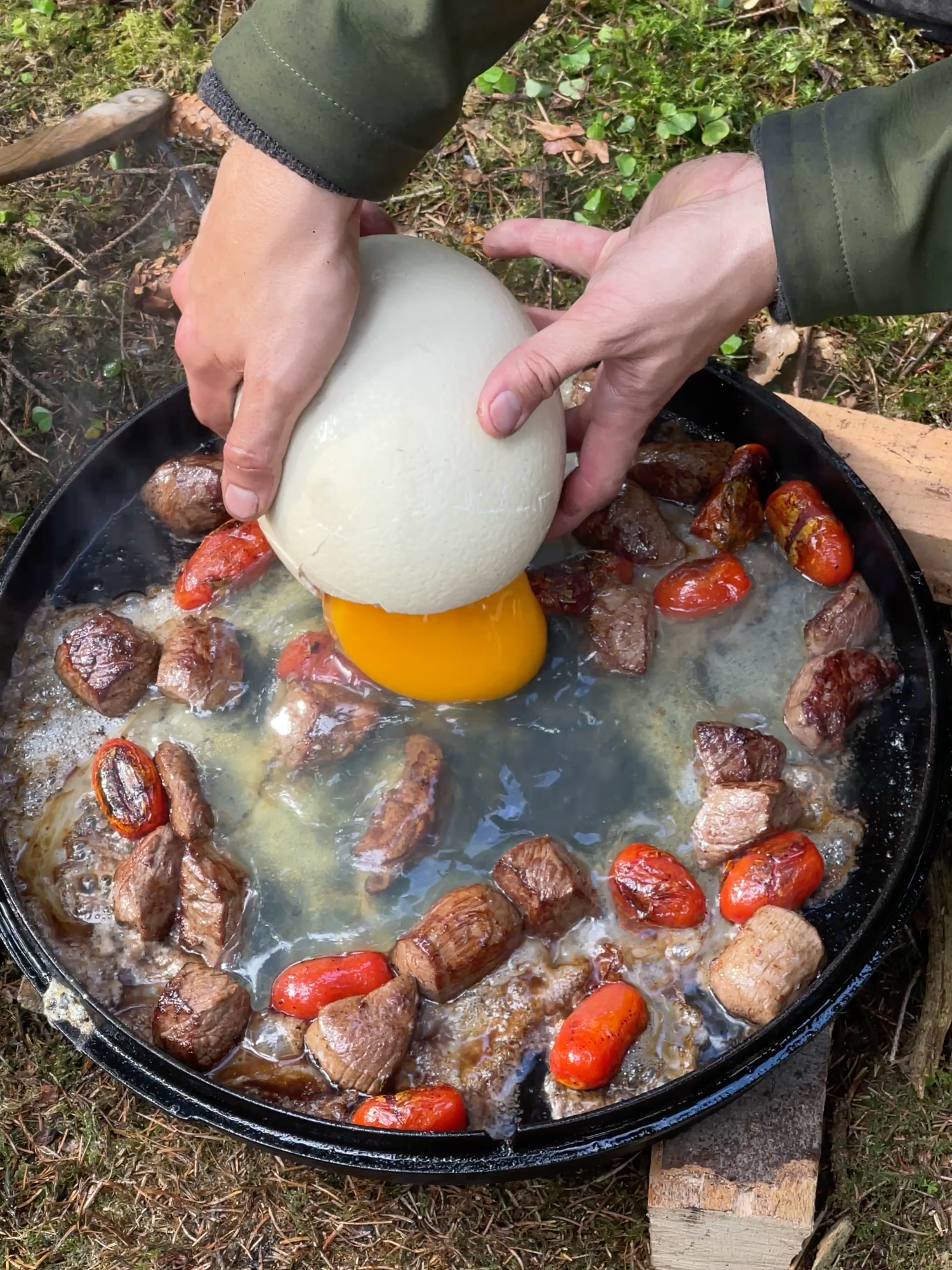 When breakfast meets dinner in one pan… 🥚🦌🍅🔥  #fusionfood #ostrichegg #firekitchen
