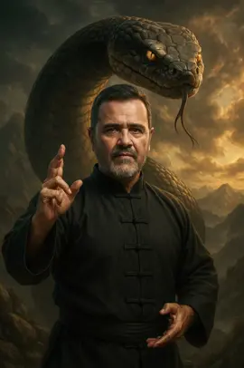 Maestro Serpiente - CHATGPT PROMPT  Un maestro de artes marciales (foto adjunta), vestido con un traje tradicional chino negro oscuro, una mano ka tiene levantada, como la tecnixa de la serpiente. Detrás de él aparece una enorme serpiente de ojos brillantes y aspecto imponente, con escamas detalladas y expresión feroz. El escenario es una montaña con un cielo y místico, estilo realista y épico, con iluminación dramática. Formato 9:16 #chatgpt #sora #pixverse #klingAI #fyp 