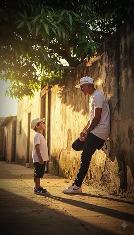 #gemini #ia #geminiia  Promptnya disini! A cinematic, photorealistic full-body shot of an adult meeting his childhood self in an old residential alley with a large mango tree, captured from the side view. The adult leans against the alley wall, gazing softly at the child, while the child stands at a distance looking up at him with admiration. Both figures are shown in full body, with realistic proportions and natural posture. Warm golden hour sunlight streams from the side, casting long shadows and creating a nostalgic mood over the worn alley walls and glowing mango leaves. Replace both faces with the ones from the uploaded photos, keeping every detail of their hair, outfits, and accessories exactly as in the reference images. Vertical 9:16 ratio, realistic skin texture, natural expressions, cinematic lighting, and warm tones.