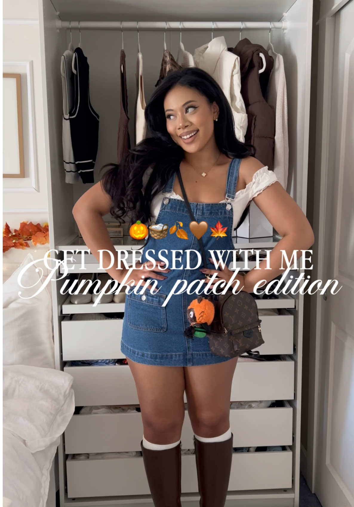get dressed with me for the pumpkin patch! 🎃🧺🧡🍂 @Edikted denim overall dress @Brandy Melville white top @Princess Polly dark brown heel boots & brown leather jacket @Louis Vuitton mini palm spring back pack linked on video + LTK 🍂 #pumpkinpatch #pumpkinpatchoutfit #falloutfitinspo #fall #halloween Grwm for pumpkin patch, fall date night inspo, corn maze, gilmore girls, fall ootd, fall outfit inspiration, preppy, Seattle influencer/content creator