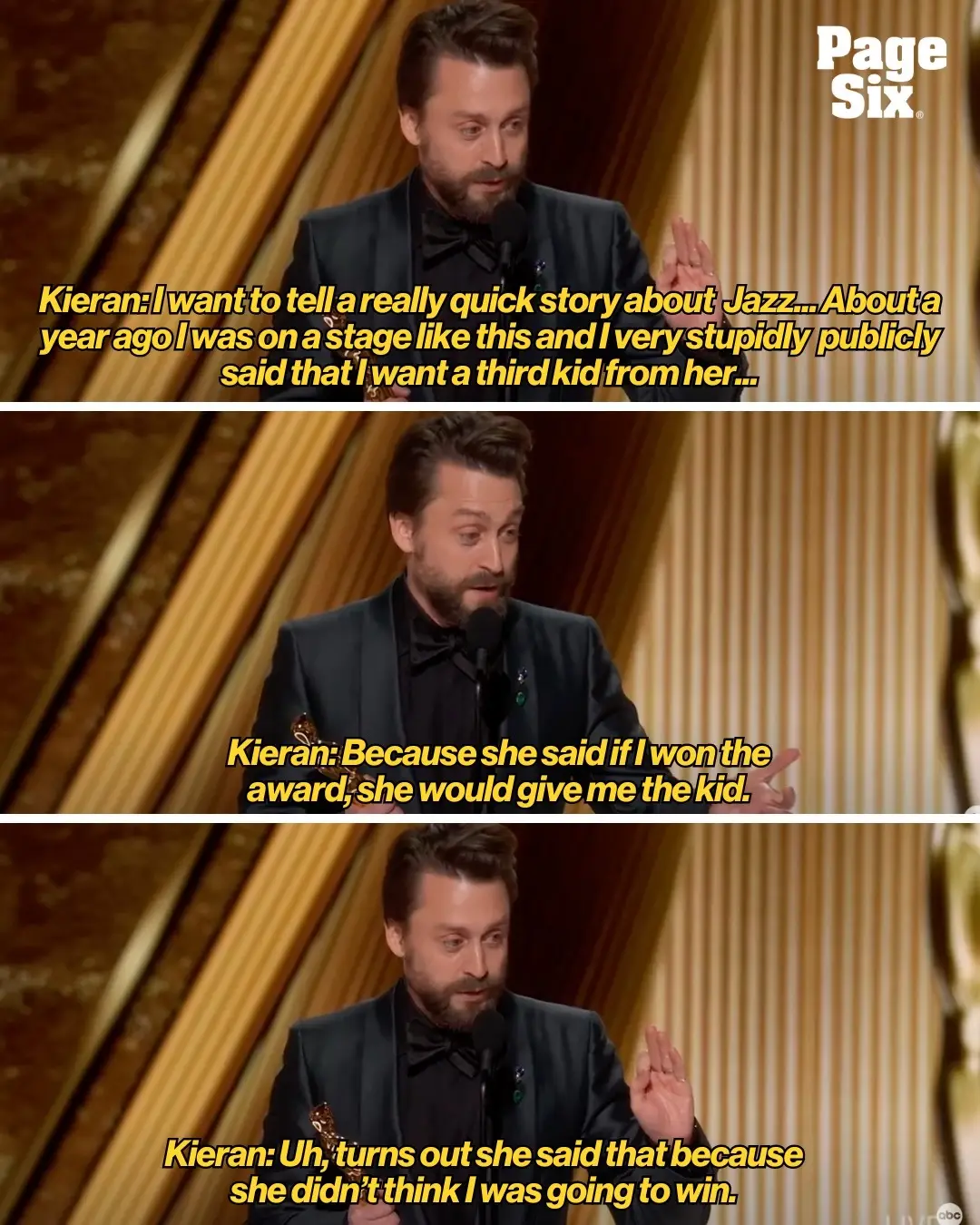 Kieran Culkin was serious during his 2025 Oscars speech in March when he asked his wife Jazz for a fourth child in honor of his win. 😂🍼 📸: ABC; Getty