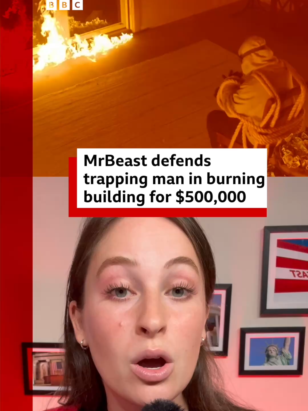 MrBeast, the world's biggest YouTuber, has defended his latest stunt video which shows a professional stuntman escape a blazing building while collecting bags of cash. #MrBeast #YouTube #USNews #BBCNews