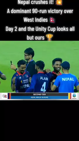 Nepal crushes it! 💥 A dominant 90-run victory over West Indies 🇳🇵 Day 2 and the Unity Cup looks all but ours 🏆 #NepaliCricket #unitycup2025 #KingsOnNationalDuty #NPL2025