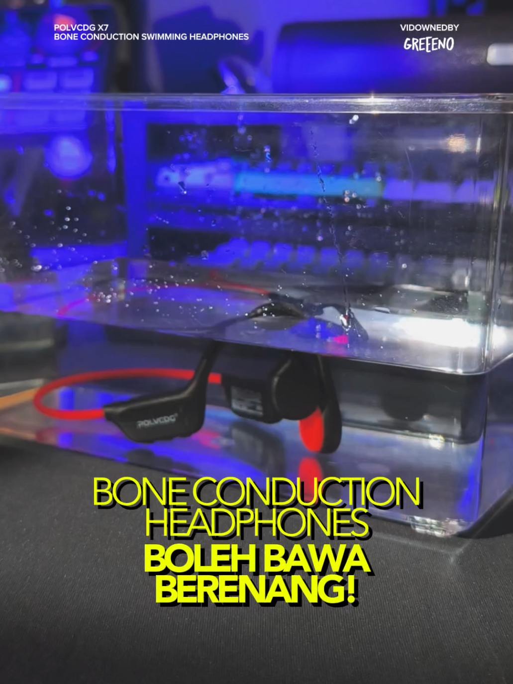 Boleh bawa berenang, IPX8 waterproof! Kena hujan, no problem geng. Ada built-in 32gb storage untuk mp3, play je lagu direct guna X7 ni. Sound bg telinga aku steady, tak pecah. #x7 #polvcdg #boneconductionheadphones #waterproofheadphones #boneconductionswimmingheadphones 
