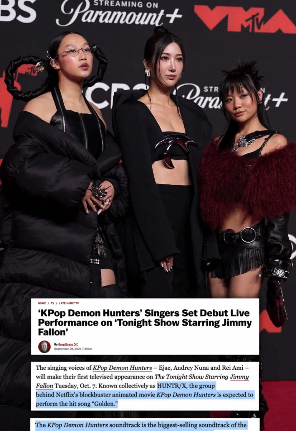 The singing voices of #KPopDemonHunters – Ejae, Audrey Nuna and Rei Ami – will make their first televised appearance on The Tonight Show Starring Jimmy Fallon Tuesday, Oct. 7. Known collectively as #HUNTRIX, the group behind Netflix’s blockbuster animated movie ‘KPop Demon Hunters’ is expected to perform the hit song “Golden.” The performance will mark the group’s first-ever live performance together. Ejae, Audrey Nuna and Rei Ami also will join Fallon on the guest couch for an interview.  More details online at the link in bio.