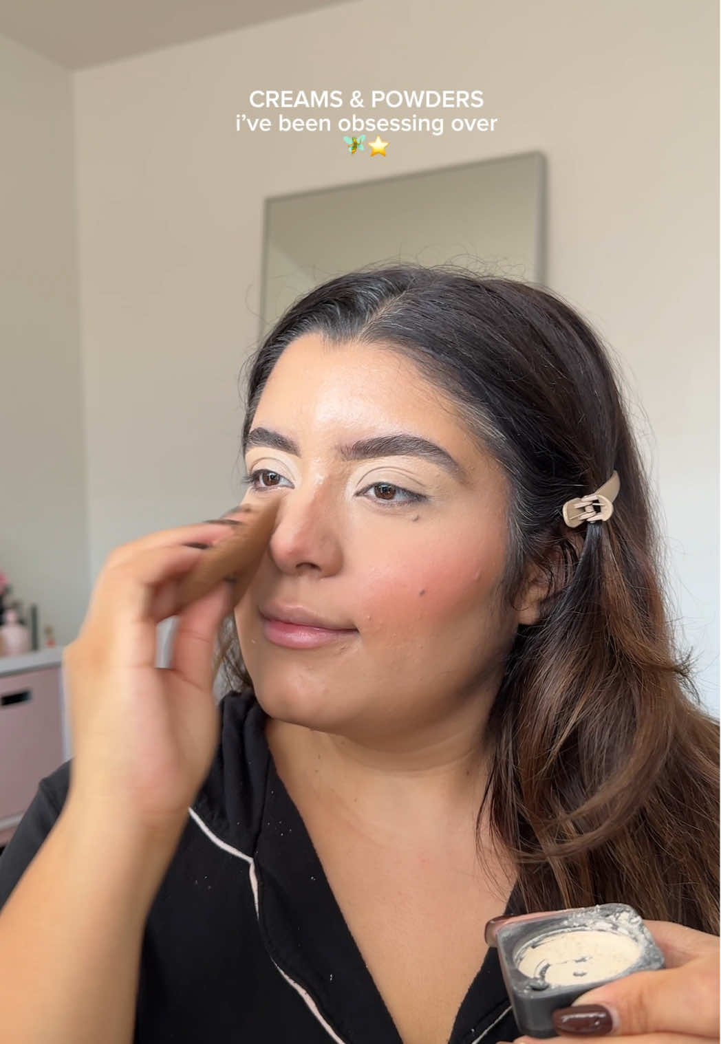 @patrick ta  creme & powder duo- SHES BRONZED  @rhode skin pocket blush- SPRINKLE  @Milani Cosmetics bronzer- SPILLING TEA  @Rare Beauty bouncy blush- HOPE @Huda Beauty loose powder- POUND CAKE  #grwm #dayinmylife #getreadywithme #ditl #getreadywithmeroutine 