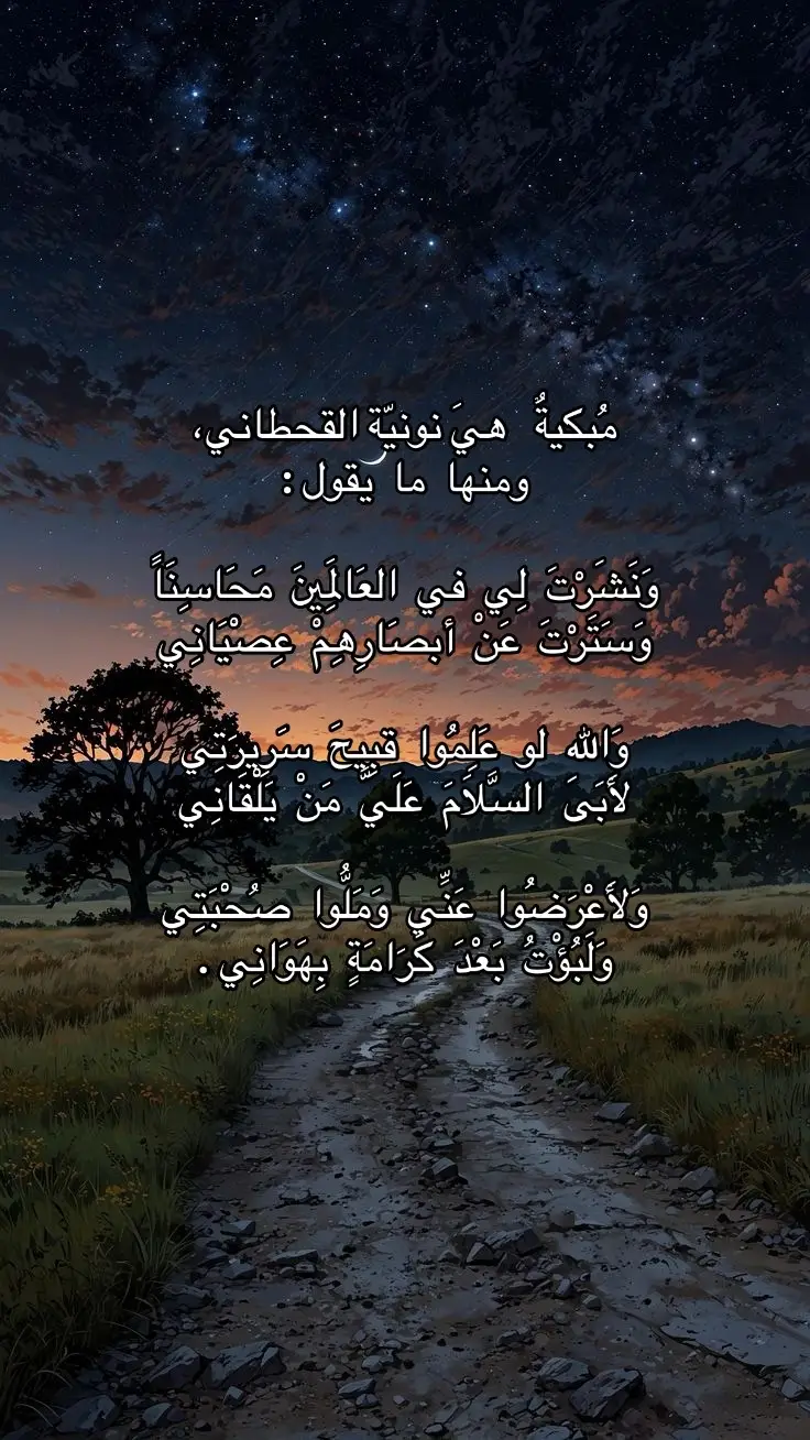 مُبكيةٌ هيَ نونيّة القحطاني، ومنها ما يقول: وَنَشَرْتَ لِي في العَالَمِينَ مَحَاسِنَاً ‏وَسَتَرْتَ عَنْ أبصَارِهِمْ عِصْيَانِي ‏وَاللهِ لو عَلِمُوا قبِيحَ سَرِيرَتِي ‏لَأَبَى السَّلَامَ عَلَيَّ مَنْ يَلْقَانِي ‏وَلَأَعْرَضُوا عَنِّي وَمَلُّوا صُحْبَتِي ‏وَلَبُؤْتُ بَعْدَ كَرَامَةٍ بِهَوَانِي.