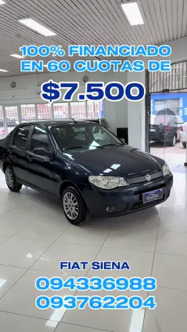 FIAT SIENA🚘 Motor 1.3 2004 •Aire acondicionado  •Dirección Hidráulica  •Transmisión manual  •Combustible nafta  Valor de patente: 6 cuotas de $1.731 USD 7.500 Documentación en regla y pronta para transferir 🪪 Financiación de la casa ✍🏼 y/o bancaria 🏦  Financiación bancaria hasta en 60 cuotas (primer cuota diferida)! ÚNICOS REQUISITOS: - ingreso mensual mayor a $20.000 - 6 meses de antigüedad laboral - no estar en clearing Simulación bancaria en el momento, sin costo ni compromiso!  Financiación a sola firma ✍🏼 SI NO CUMPLES CON NADA DE LO ANTERIOR TAMBIÉN TENEMOS UNA FINANCIACIÓN PARA VOS. Obtené hasta el 50% del valor del vehículo hasta en 36 cuotas. Tú auto te espera! 🤝 Para mayor asesoramiento  📲 094336988 - Uruguay🇺🇾 📲 093762204 - Uruguay🇺🇾