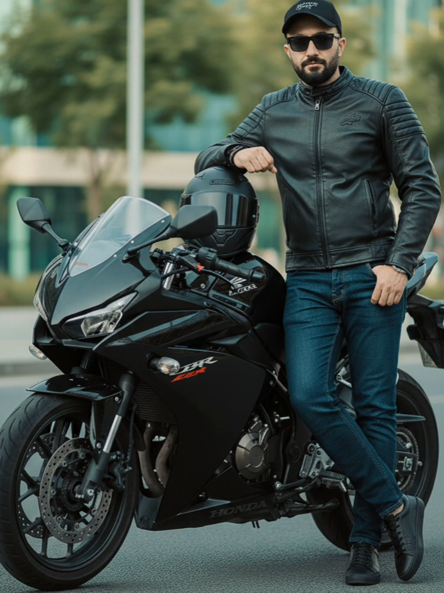 +gemini +resim ekle +prompt  Transform my photo into a photo-realistic 8K full-body portrait of a man sitting confidently on a black Honda CBR 250RR sport motorcycle, wearing a sleek black leather jacket with a subtle logo on the chest, dark fitted jeans, and black sneakers. He holds a black full-face helmet casually on the motorcycle tank. His pose is relaxed but cool, exuding confidence. The background is a realistic urban outdoor setting with a clean asphalt road, soft natural sunlight, and blurred green trees or modern buildings in the distance for depth. The lighting is balanced, with soft shadows and slight highlights on the bike to show its glossy finish. Ultra-detailed textures on the motorcycle (reflections on the fairings, visible brake discs, chain, and tires), realistic skin tones, and cinematic contrast. Slight depth of field to focus on the man and the bike, with the background artistically blurred. High-quality, professional photography style, like a premium motorcycle magazine photoshoot. #gemini #prompt #geminiprompt #chatgpt 