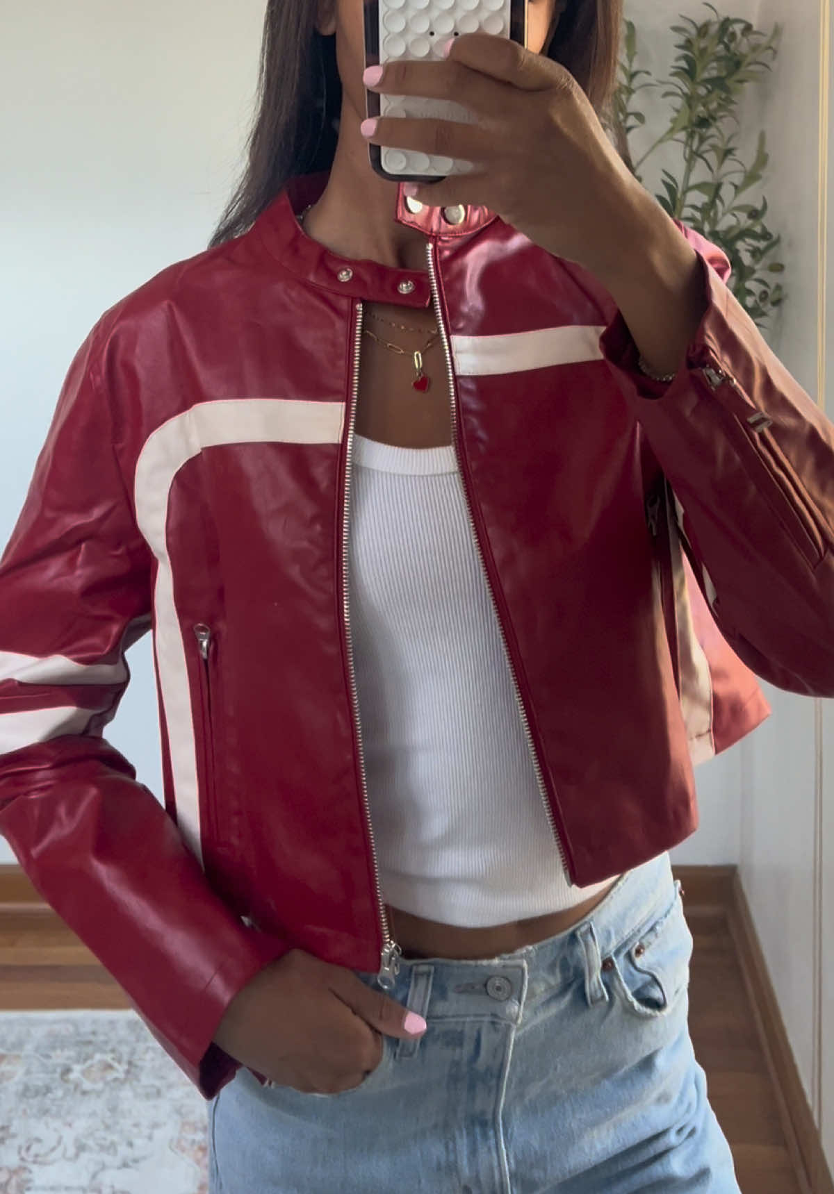 perfect jacket for game days if the team you cheer for is red 🏈 it also comes in black! #gamedayoutfit #outfitinspo #falloutfits #falloutfitideas #falljacket red moto jacket 