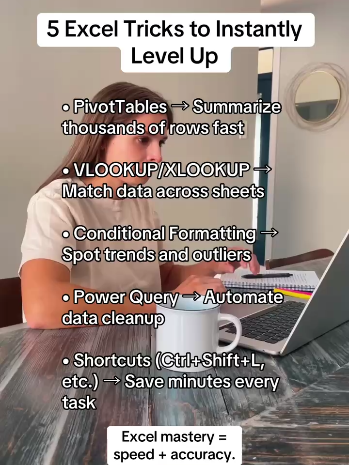 These 5 tricks will save you time and make your spreadsheets so much smarter: ✅ PivotTables → Summarize data in seconds ✅ VLOOKUP / XLOOKUP → Match info across sheets ✅ Conditional Formatting → Highlight trends fast ✅ Power Query → Automate cleanup tasks ✅ Keyboard Shortcuts → Work like a pro Master these and you’ll go from basic to advanced—fast. 👉 Try one today and see the difference. 🚀 Follow @Coursera for more skills to grow your career and yourself. #coursera #excel
