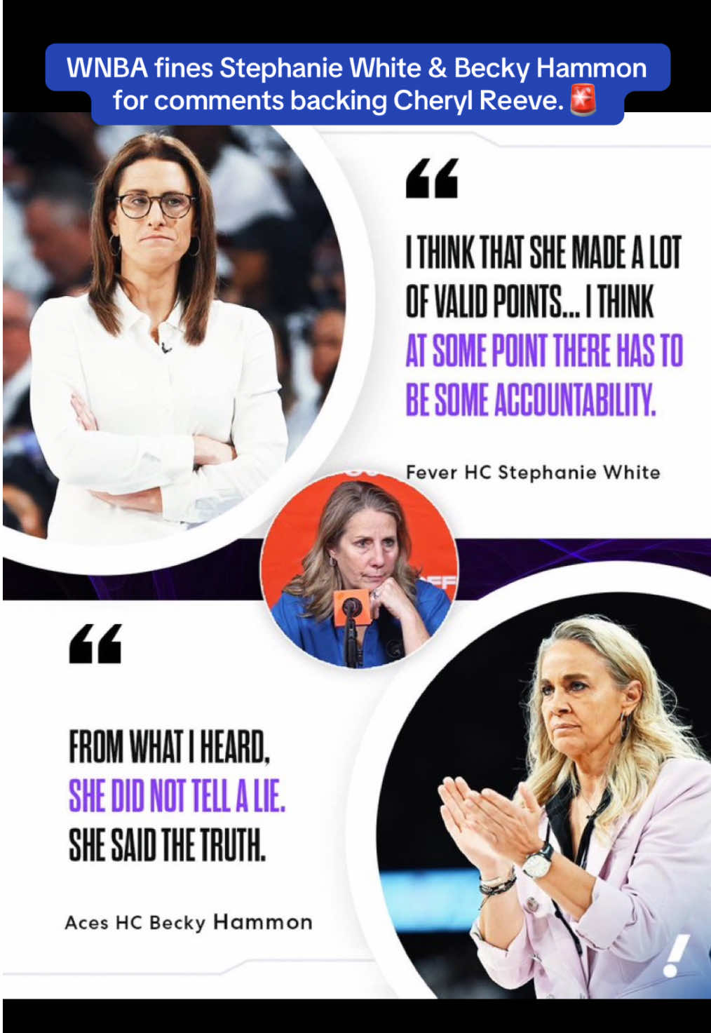 Stephanie White says she was fined for supporting Cheryl Reeve, while Becky Hammon was also fined for her remarks. 💰🏀   (Via @Alexa Philippou @ESPN) @CourtSide_Clips for ref video  #WNBA #Fines #StephanieWhite #BeckyHammon #CherylReeve
