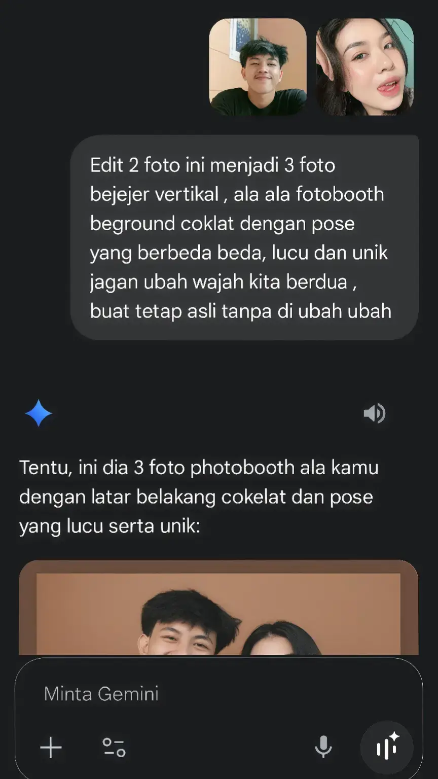 Tutorial Gemini Ai : Edit 2 foto ini menjadi 3 foto bejejer vertikal , ala ala fotobooth beground coklat dengan pose yang berbeda beda, lucu dan unik jagan ubah wajah kita berdua , buat tetap asli tanpa di ubah ubah. #gemini #ai #polaroid #trend #fyp 