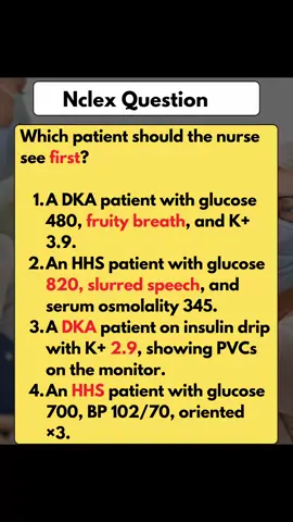 NCLEX Tips for DKA and HHS✍️✍️ DKA happens fast (usually after missed insulin, infection, or stress). Always think “young + type 1 + ketones.” Look for acidosis clues → fruity breath, abdominal pain, vomiting, Kussmaul respirations. Anion gap metabolic acidosis is a classic finding. Monitor potassium carefully: Before insulin: K+ may look normal or high (because it shifts out of cells). After insulin + fluids: K+ drops dangerously → continuous ECG monitoring needed. Resolution of DKA = when pH > 7.3, HCO₃ > 18, and ketones cleared → not just when glucose normalizes. 🔹 More NCLEX Tips for HHS Think elderly with type 2 diabetes → often triggered by illness (UTI, pneumonia) or poor fluid intake. Glucose is extremely high (>600–1000 mg/dL), but no ketones or acidosis. Neuro symptoms are worse than DKA → confusion, seizures, stroke-like symptoms, coma. Dehydration is profound (may lose 8–10 L of fluid). Always start with 0.9% NS bolus. Higher mortality risk than DKA → NCLEX may frame it as the more dangerous condition in older adults. 🔹 Treatment Priority Order (NCLEX Sequence) Fluids → Restore perfusion first. Electrolytes (especially K+) → Correct before insulin if low. Insulin → Continuous IV infusion, titrate down once stable. Add dextrose (D5W) → Once glucose <250–300 to prevent hypoglycemia while clearing ketones (DKA). 🔹 Common NCLEX Traps Don’t choose insulin first → fluids always come before insulin. Don’t ignore hypokalemia → low K+ kills faster than high sugar. Don’t assume only type 1 can have DKA → rare, but type 2 can develop it under stress. Don’t forget cause → infection is the #1 trigger for both → expect orders for cultures, antibiotics. Don’t lower glucose too fast → risk of cerebral edema, especially in kids with DKA. 🔹 Quick Memory Hooks DKA = “Acid + Ketones + Kids (type 1)” HHS = “High sugar, High age, Higher neuro decline” Treatment mantra for both → “Fix the fluids, Fix the K+, Then Fix the sugar.”#nurse #nclex #medicalstudent #nursingstudent 