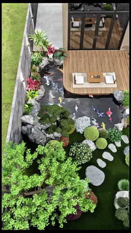 Một khuôn viên sân vườn nhỏ cũng có thể tạo nên được một sân chơi sang trọng và lịch lãm. Kết hợp giữa một chiếc hồ cá Koi và một chút tiểu cảnh sân vườn nghệ thuật. #sanvuonphuongdong #ThietKeDocDao #sanvuondep #hethonglochocakoi #thietkethicong 