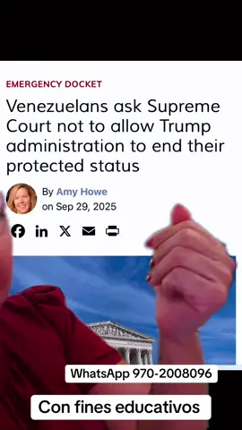 Venezolanos piden a la Corte Suprema que no permita que el gobierno termine su estatus de protección Abogados que representan a nacionales venezolanos con TPS presentaron una petición formal ante la Corte Suprema para que mantenga vigente una orden judicial que prohíbe a la administración Trump revocar su estatus protegido. Argumentan que la decisión del juez Edward M. Chen de suspender la terminación del TPS es legal y debe permanecer hasta que haya una decisión definitiva.   	•	Declaración de titulares de TPS oponiéndose a la apelación del gobierno Ese mismo día, los beneficiarios del TPS venezolano y haitiano presentaron un escrito ante la Corte Suprema rechazando la solicitud de la administración para que se suspenda la orden judicial que protege su estatus. Señalan que el gobierno no ha demostrado una “emergencia” que justifique quitarles esa protección y que el interés público favorece que se mantenga el TPS.   Respondo dudas tratando de educar e informar, pero esto NO es una asesoría legal.  ⭐️En Rosa Leon Immigration Services, todos nuestros servicios están hechos con responsabilidad, transparencia, y muchísima empatía por la Comunidad inmigrante. Somos una empresa, que hace todo de manera legal y transparente, pero que además, se toma siempre el tiempo de escuchar, y atender con empatía a todas las personas, incluyendo cuando no tienen un caso, sino llanamente por el respeto de escuchar.  NO SOMOS ABOGADOS NI OFRECEMOS ASESORÍA LEGAL.  ⭐️Altos porcentajes de rendimiento. Para cualquiera de nuestros servicios por favor comunicarse por nuestro WhatsApp para la información +1-970-200-8096. Numero de la oficina 719-4545504. También por la página web www.rlinmigrationservices.com ⭐️Puedes revisar en videos y aun mas en las historias, todos nuestros casos de éxito. No somos abogados ni ofrecemos asesoría legal.  ⭐️Sígueme por favor en la cuenta de IG @rl.immigrationservices y también puedes enviar tu solicitud por el correo rlimmigrationservices@gmail.com y en la página web www.rlimmigrationservices.com ⭐️ #r#rlimmigrationservicesi#inmigrantesi#inmigracioni#inmigrantei#inmigranteslatinos                