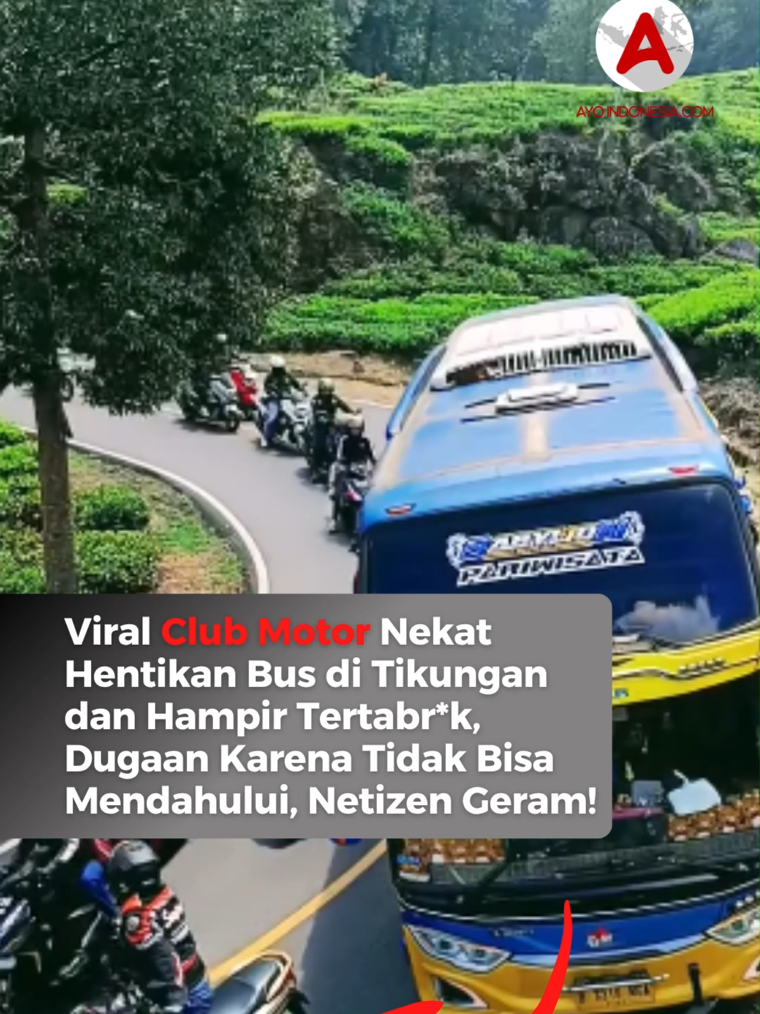 Sebuah aksi tak patut untuk ditiru. Rombongan club motor viral karena memaksa sebuah bus pariwisata berhenti mendadak di tikungan tajam. Dalam video yangbelu diketahui lokasi itu terlihat salah satu pengendara tiba-tiba berhenti didepan bus yang sedang berbelok dan hampir tertabr*k. Pengendara tersebut berhenti didepan bus karena dugaan rombongan tersebut tidak bisa mendahului bus karena jalan disebut tidak terlalu lebar. Aksi ini membuat netizen geram dan berharap tidak arogan di jalan. 