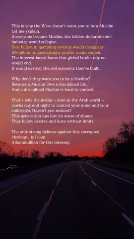 The more you practice Islam, the less control the world has over you. The systems of this world — the industries built on sin, the media that normalizes shamelessness, the governments that thrive on chaos — they fear a Muslim who is awake, disciplined, and unapologetically connected to Allah. Hold your Islam tighter. When the world pulls you toward filth, pull yourself closer to the Qur’an. When shame is mocked, wear your modesty with pride. When they tell you to “live a little,” remind yourself: this dunya is just a test. My real life begins in Jannah. Alhamdulillah for Islam — the last fortress in a world trying to burn itself down. May we never take this Deen for granted.