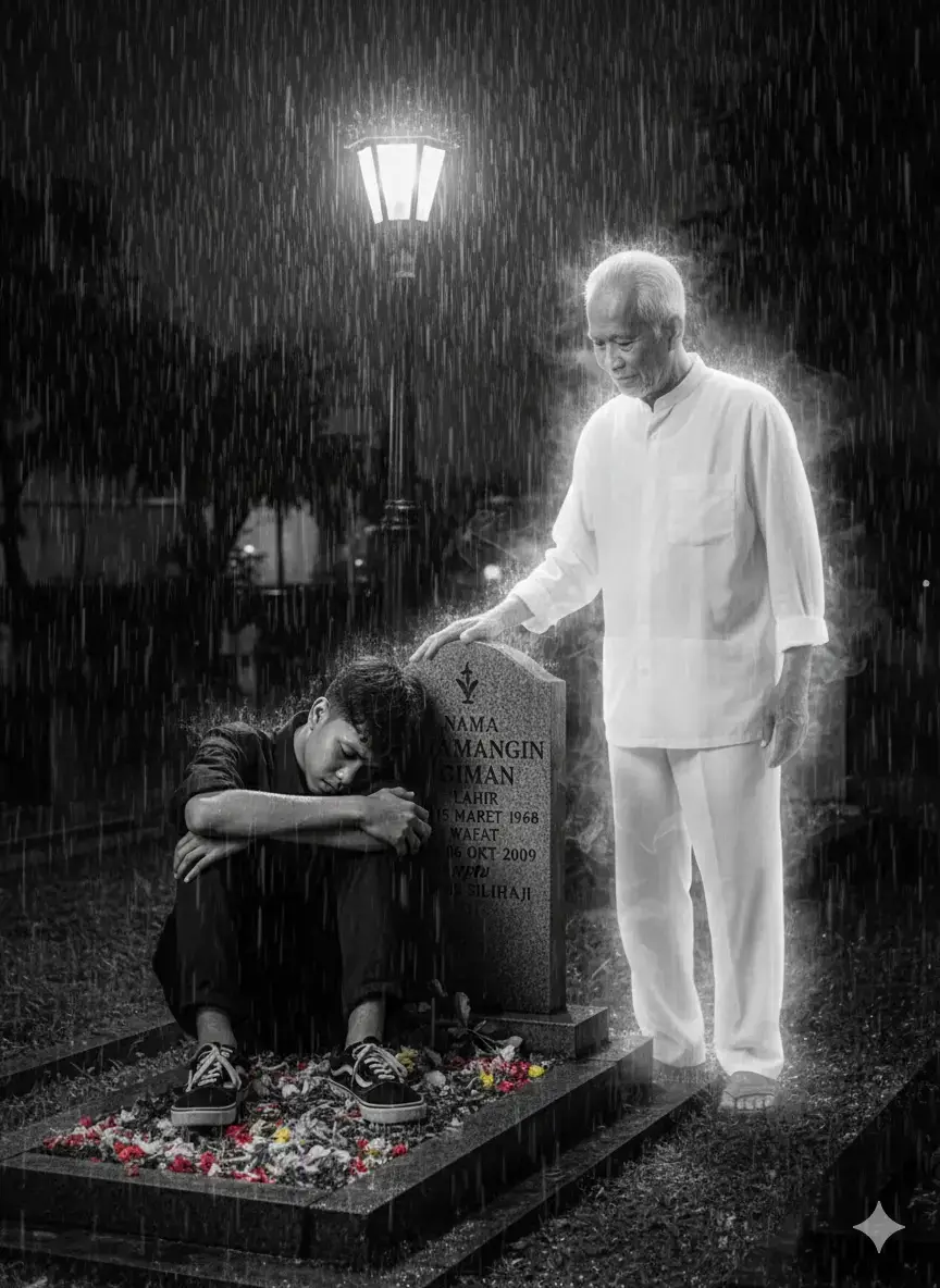 Gabungkan dua foto ini menjadi Sebuah foto dramatis dan emosional bergaya fotografi hitam-putih, suasana malam yang gelap di bawah hujan deras. Seorang laki-laki duduk di bawah dan termenung di samping makam dengan rumput taburan kembang tujuh rupa (jangan duduk di atas makam) sambil bersandar kepala di batu nisan sang ayah dan sambil memeluk batu nisan dan di batu nisan itu tertulis 