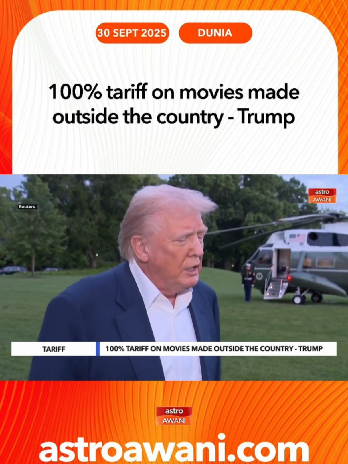 President Trump renews his call for a 100% tariff on overseas films entering the U.S., signaling a shift in trade policy toward cultural industries. The move could disrupt Hollywood’s global model, raising concerns among studios and unions relying on international markets and co-productions. #NiagaAWANI #AWANInews