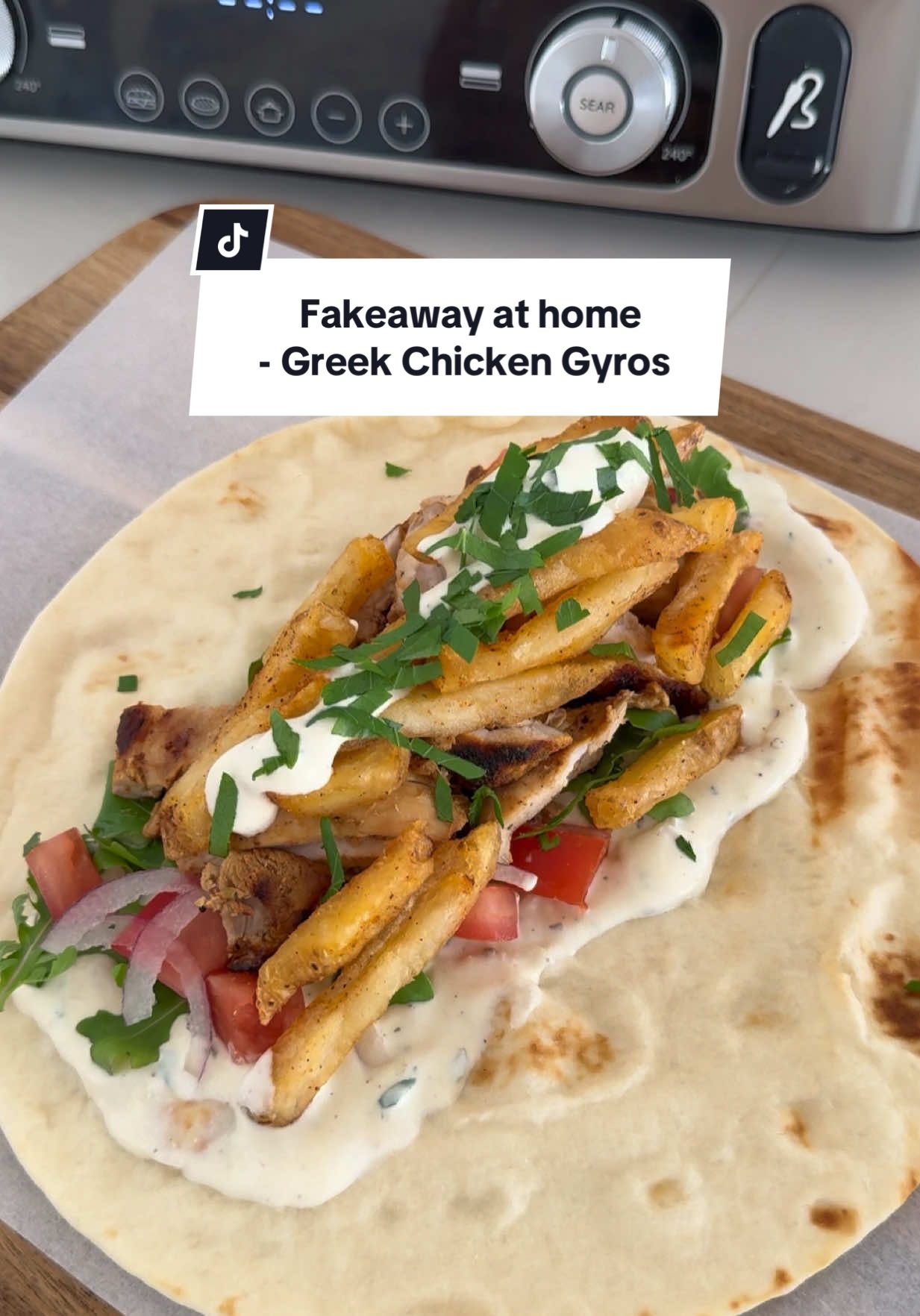 Why order in when you can fake it at home? 😉 These Greek chicken gyros are the ultimate fakeaway. Juicy, spiced chicken, creamy yogurt sauce, all wrapped up in warm pita. Takeaway catfished you, fakeaway won’t.  For the Chicken: 600g chicken thigh fillets (approx 6 thighs) 2 tablespoons olive oil 2 tablespoons McCormick’s Greek seasoning 1 tablespoon lemon juice ½ teaspoon smoked paprika  For the Sauce: 1 cup Greek yogurt 2 teaspoons McCormick’s Greek seasoning ½ teaspoon garlic powder 1 tablespoon lemon juice 1 tablespoon olive oil Salt and pepper, to taste 1 tablespoon fresh parsley, chopped (optional) To Serve: 4 pita or flatbreads, warmed 1 red onion, thinly sliced 1 tomato, diced 1 cup rocket or shredded lettuce Cooked fries (optional but highly recommend)  Extra lemon wedges Extra fresh parsley  Method: 	1.	Place chicken thighs in a bowl. Add olive oil, Greek seasoning, lemon juice, and smoked paprika. Toss well to coat and set aside for 20-30 minutes (or cook straight away if short on time). 	2.	For the sauce, stir together Greek yogurt, Greek seasoning, garlic powder, lemon juice, and olive oil until smooth. Season with salt and pepper. Fold through parsley if using. Chill until ready to serve. 	3.	Heat a grill pan, BBQ, or skillet over medium-high heat. Cook chicken for 4–5 minutes each side until golden and cooked through. Rest for 5 minutes, then slice. 	4.	Assemble gyros by filling warm pita starting with sauce, greens, tomato, onion, chicken, chips and another generous drizzle of the yogurt sauce and parsley. Serve with lemon wedges. Enjoy ♡  #FakeawayAtHome #HomemadeTakeaway #McCormickStreetFood #fakeaway #ad @McCormick Foods Australia 