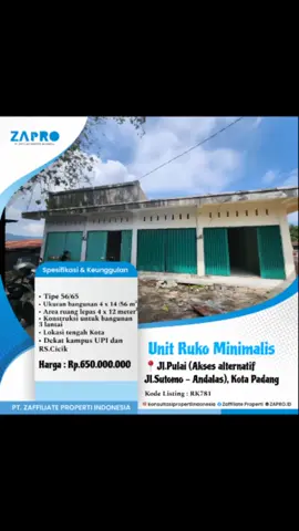 *Unit Ruko Minimalis* *_Spesifikasi dan Keunggulan  :_* • Type 56/65 • Ukuran bangunan 4 x 14 (56 m²) • luas lahan : 65 m² • Kamar mandi 1 unit • Area ruang lepas 4 x 12  meter. • Kontruksi untuk 3 lantai • Air PDAM  • Listrik 1300 watt • Sertifikat Hak Milik  • Lokasi  tengah kota Padang • Dekat kampus  UPI dan RS.cicik • Dekat area pemukiman  menengah  atas. • Cocok peruntukan  Usaha  laundry, toko, dll. Lokasi : Jl.Pulai (akses alternatif  Jl sutomo - Jl Andalas), Kota Padang,  Sumatera Barat.  *Harga : Rp.650.000.000* *Hp/wa* : 083151717754 *Kunjungi situs website Zapro*  www.zapro.id www.zapro.co.id *Kantor* : Asratek, Jl.Jambi No.5 Ulak Karang Kota Padang [Agensi Property & Jasa Konstruksi] Mari konsultasikan segala kebutuhan property anda bersama *Zaffiliate Property [Zapro]* #rukokotapadang #rukominimalis #propertipadang #investasiproperti #jualruko 