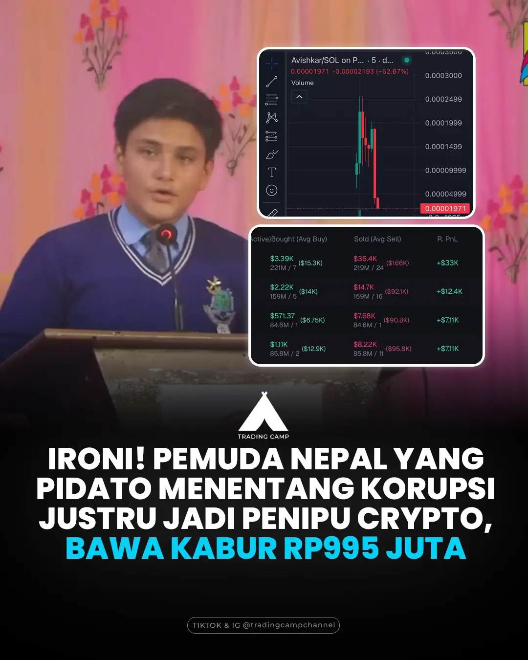 Ternyata seseorang bisa berubah karena uang 😔 Avishkar Raut, pemuda Nepal berusia 16 tahun yang viral karena berpidato menentang korupsi membuat token crypto di pump.fun pada 22 September 2025. Namun, pemuda tersebut justru menjual semua token cryptonya saat harga sedang naik. Dia menghasilkan $59,62 ribu atau sekitar Rp995 juta dari hasil penipuannya ini. 👉🏻 Follow @tradingcampchannel untuk mendapatkan berita update tentang crypto, 👉🏻 Gabung ke grup telegram TradingCamp (klik link di bio) untuk mendapatkan info signal dan pandangan market setiap hari.