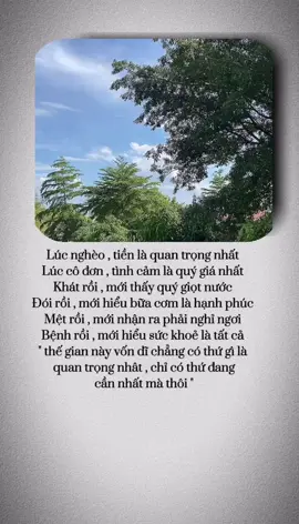 Lúc nghèo , tiền là quan trọng nhất  Lúc cô đơn , tình cảm là quý giá nhất  Khát rồi , mới thấy quý giọt nước  Đói rồi , mới hiểu bữa cơm là hạnh phúc  Mệt rồi , mới nhận ra phải nghỉ ngơi  Bệnh rồi , mới hiểu sức khoẻ là tất cả  